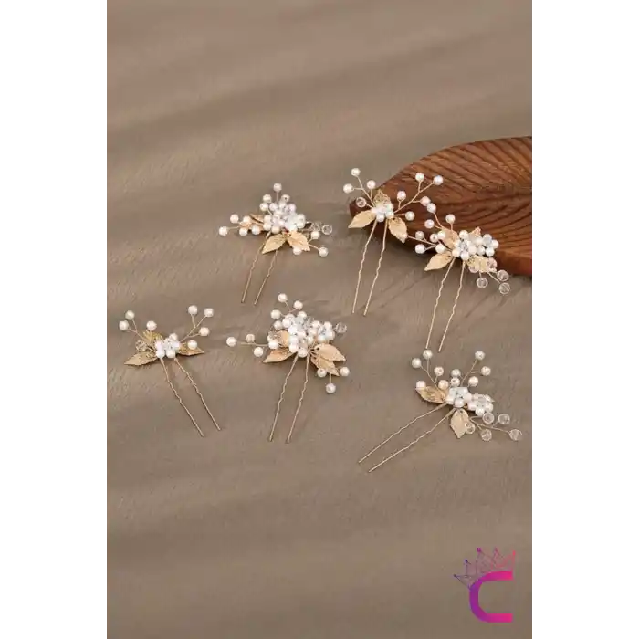 6lı İncili Kristal Taşlı Gelin Tacı Firkete Toka Gold - Yaprak Taç Düğün Nişan Nikah Saç Aksesuarı