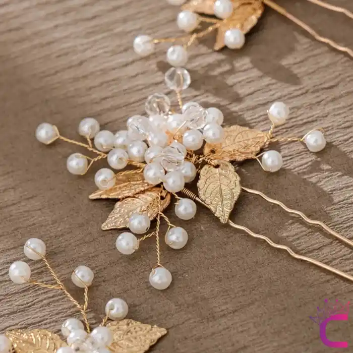 6lı İncili Kristal Taşlı Gelin Tacı Firkete Toka Gold - Yaprak Taç Düğün Nişan Nikah Saç Aksesuarı