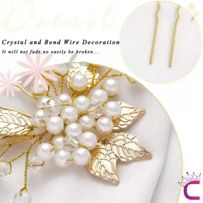 6lı İncili Taşlı Çiçekli Gold Yaprak Gelin Tacı Firkete Topuz Toka - Düğün Nişan Nikah Saç Aksesuar