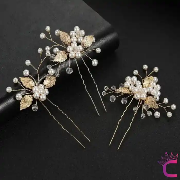6lı İncili Taşlı Çiçekli Gold Yaprak Gelin Tacı Firkete Topuz Toka - Düğün Nişan Nikah Saç Aksesuar