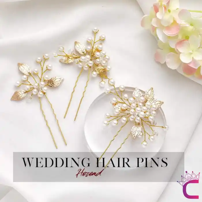 6lı İncili Taşlı Çiçekli Gold Yaprak Gelin Tacı Firkete Topuz Toka - Düğün Nişan Nikah Saç Aksesuar