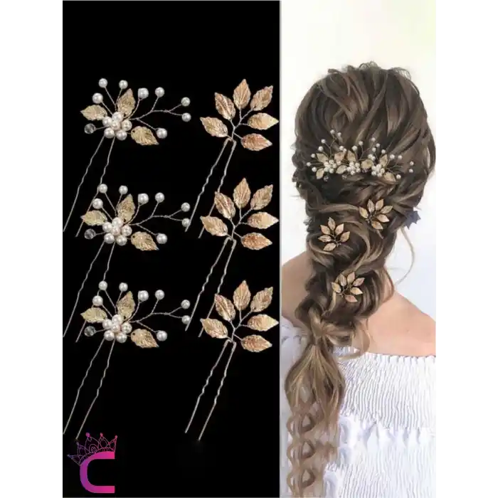 6lı İncili Taşlı Çiçekli Gold Yaprak Gelin Tacı Firkete Topuz Toka - Düğün Nişan Nikah Saç Aksesuar