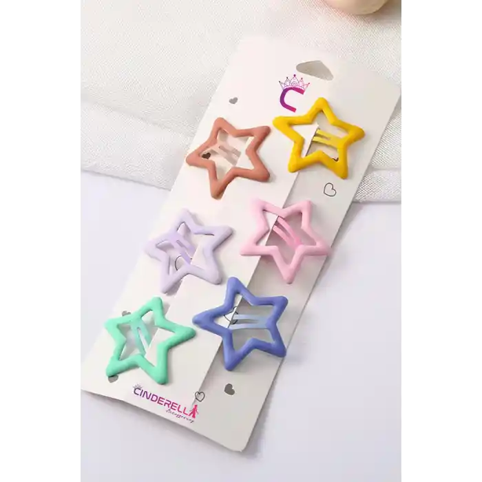 6lı Mat Soft Renkli Büyük Yıldız Çıtçıt Toka Seti 4cm - Kız Çocuk Yıldızlı Çıtçıtlı Saç Tokası