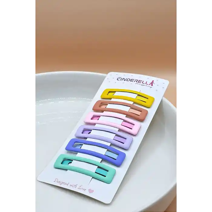 6lı Mat Soft Renkli Dikdörtgen Model Çıtçıt Toka Seti - Kız Çocuk Çıtçıtlı Yan Saç Tokası