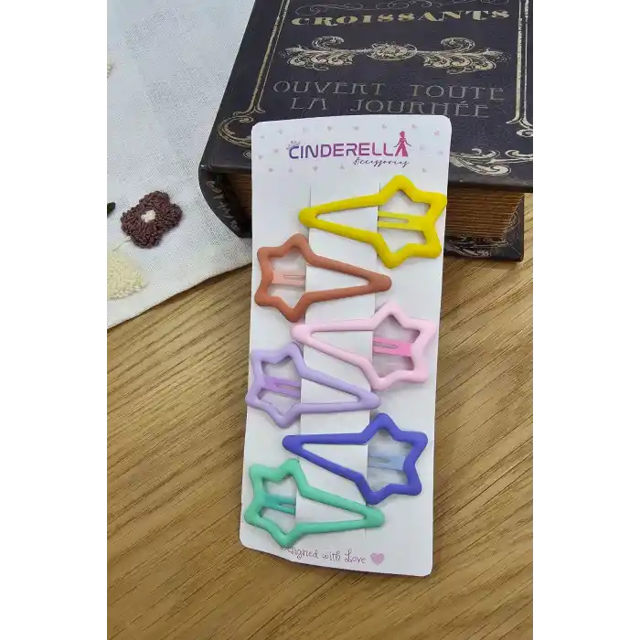 6lı Mat Soft Renkli Kayan Yıldız Çıt Çıt Toka Seti - Kız Çocuk Yıldızlı Çıtçıtlı Yan Saç Tokası