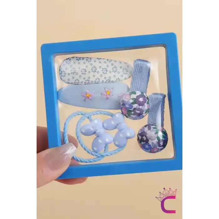 6lı Özel Hediyelik Kutulu Bebek Toka Seti Mavi - Kız Çocuk Lastikli Kurdele Çiçek Pens Saç Tokası