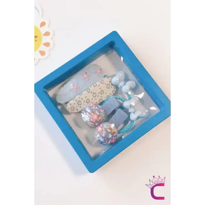 6lı Özel Hediyelik Kutulu Bebek Toka Seti Mavi - Kız Çocuk Lastikli Kurdele Çiçek Pens Saç Tokası