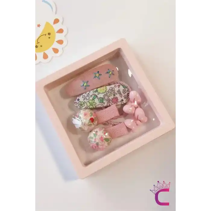 6lı Özel Hediyelik Kutulu Bebek Toka Seti Pembe - Kız Çocuk Lastik Fiyonk Mantar Çiçekli Saç Tokası