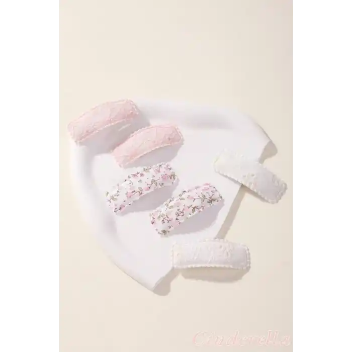 6lı Özel Seri Nakışlı Çiçekli Model Çocuk Çıt Çıt Toka Seti - Kız Bebek Çıtçıt Saç Toka Model-1