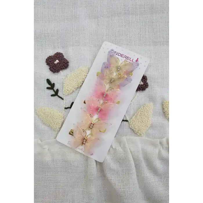 6lı Özel Seri Tül Kanatlı Taşlı Kelebek Toka Seti 5cm - Hareketli Renkli Kelebekli Pens Saç Tokası