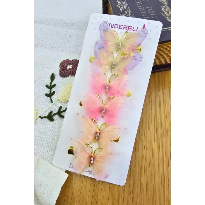 6lı Özel Seri Tül Kanatlı Taşlı Kelebek Toka Seti 5cm - Hareketli Renkli Kelebekli Pens Saç Tokası