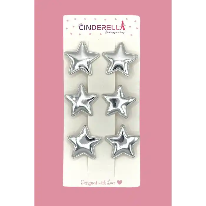 6lı Parlak PU Deri Yıldız Pens Saç Tokası Seti Gümüş - Renkli Yıldızlı Toka Çocuk Saç Süsü Aksesuar