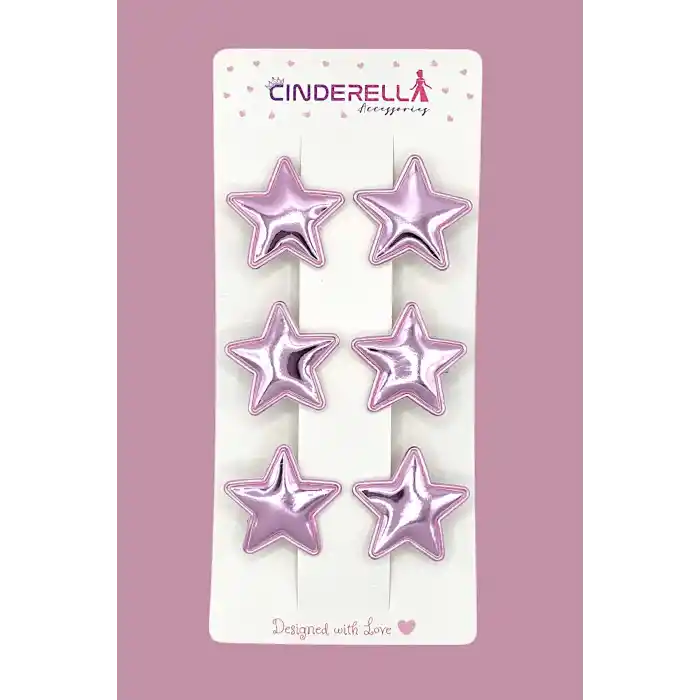 6lı Parlak PU Deri Yıldız Pens Saç Tokası Seti Pembe - Renkli Yıldızlı Toka Çocuk Saç Süsü Aksesuar