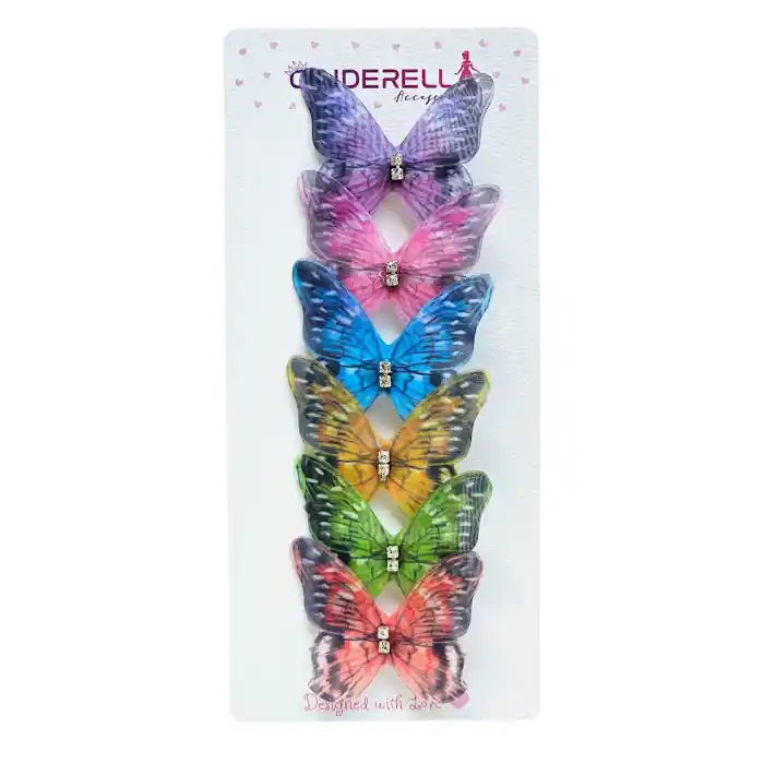 6lı Renkli Hareketli Kelebek Toka Seti - Tül Kanatlı Taşlı Kelebekli Toka Pens Klips Saç Tokası