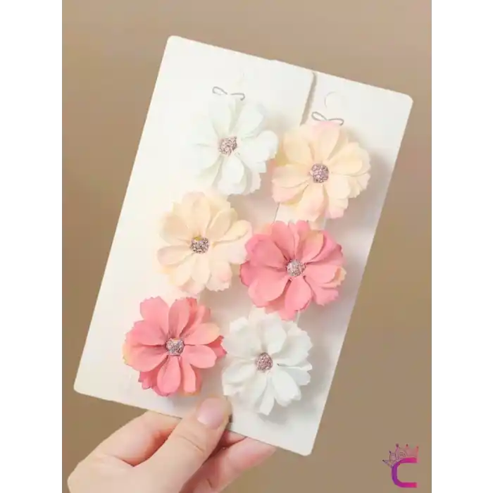 6lı Soft Papatya Çiçekli Saç Tokası - Beyaz Pembe Renkli Saç Süsü Klipsli Pens Toka Seti