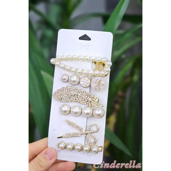 6lı Yeni Trend Moda İncili ve Taşlı Büyük Klips Çıtçıt Pens Toka Seti
