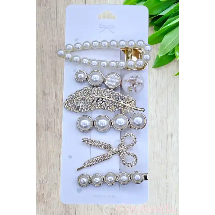 6lı Yeni Trend Moda İncili ve Taşlı Büyük Klips Çıtçıt Pens Toka Seti