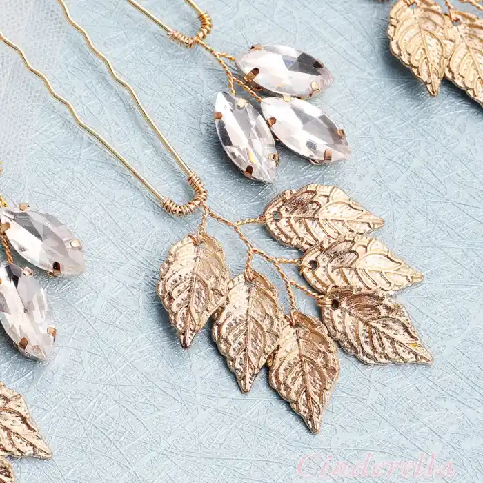 6 Parça Düğün Gelin Gold Yapraklı Kristal Taşlı Firkete Set - Nişan Nikah Söz Saç Topuz Tokası