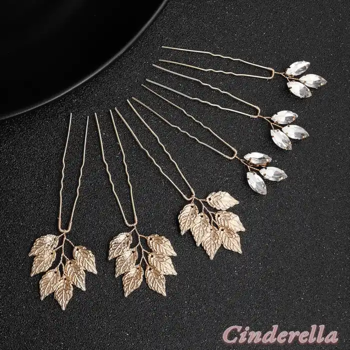 6 Parça Düğün Gelin Gold Yapraklı Kristal Taşlı Firkete Set - Nişan Nikah Söz Saç Topuz Tokası