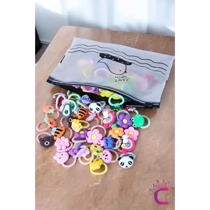 60lı Renkli Karışık Figürlü Dayanıklı Kız Çocuk Lastik Toka Seti - Sevimli Bebek Lastikli Toka