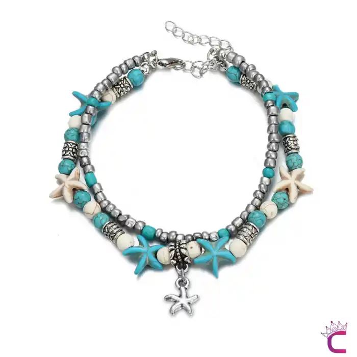 Deniz Yıldızlı Turkuaz Beyaz Gümüş Boncuklu Kadın Halhal - Yazlık Kombin Doğal Taşlı Halhal