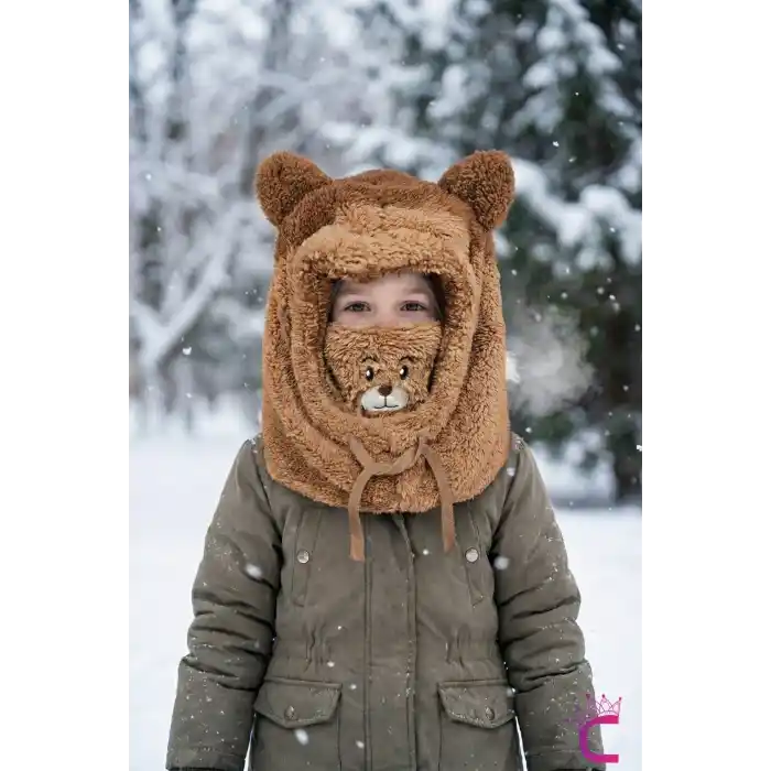 Sevimli Ayıcıklı Yumuşak Peluş Bere Boyunluklu Şapka Atkı Bir Arada Kahve 3-12 Yaş Kışlık Hediyelik