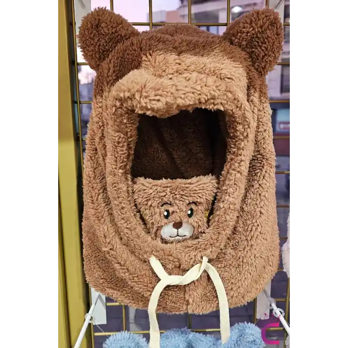 Sevimli Ayıcıklı Yumuşak Peluş Bere Boyunluklu Şapka Atkı Bir Arada Kahve 3-12 Yaş Kışlık Hediyelik