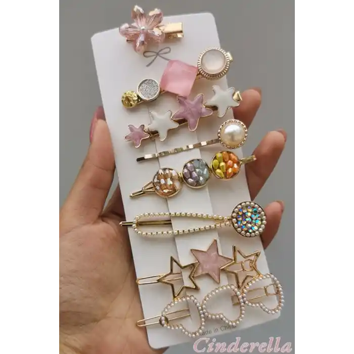 8li Kadın İncili Taşlı Yıldızlı Kalpli Çiçekli Özel Toka Seti - Pens Çıtçıt Klips Yan Saç Tokası