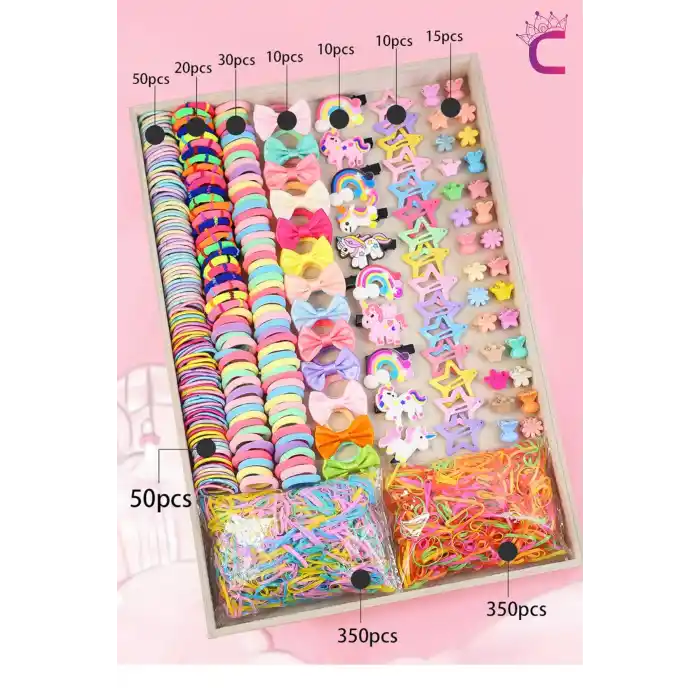 895 Parça Hediyelik Kutulu Kız Çocuk Toka Seti - Unicorn Fiyonk Yıldız Çıtçıtlı Bebek Saç Tokası