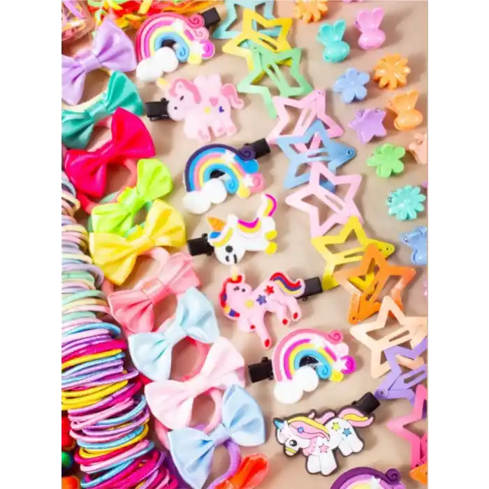 895 Parça Hediyelik Kutulu Kız Çocuk Toka Seti - Unicorn Fiyonk Yıldız Çıtçıtlı Bebek Saç Tokası
