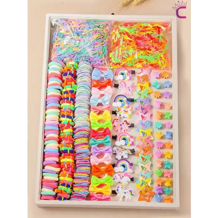 895 Parça Hediyelik Kutulu Kız Çocuk Toka Seti - Unicorn Fiyonk Yıldız Çıtçıtlı Bebek Saç Tokası