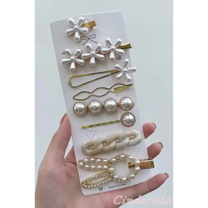 8li Özel İncili Taşlı Kurdele Tavşan Çiçek Detaylı Toka Seti - Yeni Trend Pens Çıtçıt Yan Saç Tokası