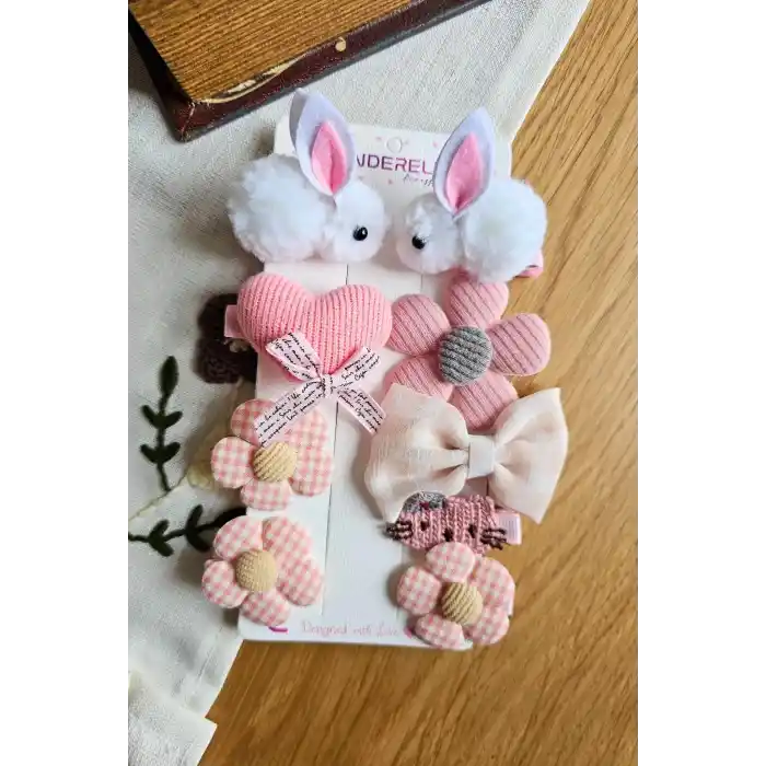 9lu Beyaz Tavşanlı Yumuşak Kız Bebek Pens Toka Seti - Kurdeleli Kalpli Çiçekli Çocuk Saç Tokası