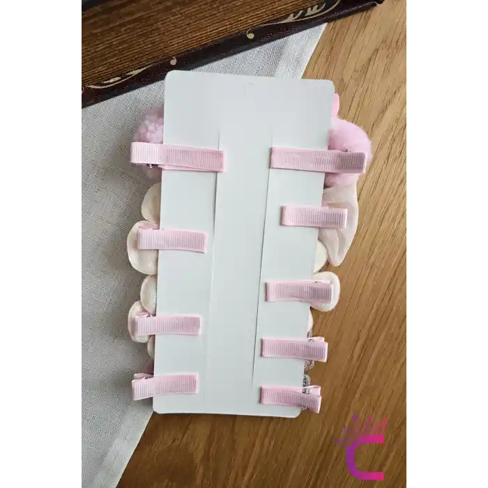 9lu Pembe Tavşanlı Kız Bebek Pens Toka Seti - Fiyonk Kurdele İncili Çiçekli Kız Çocuk Saç Tokası