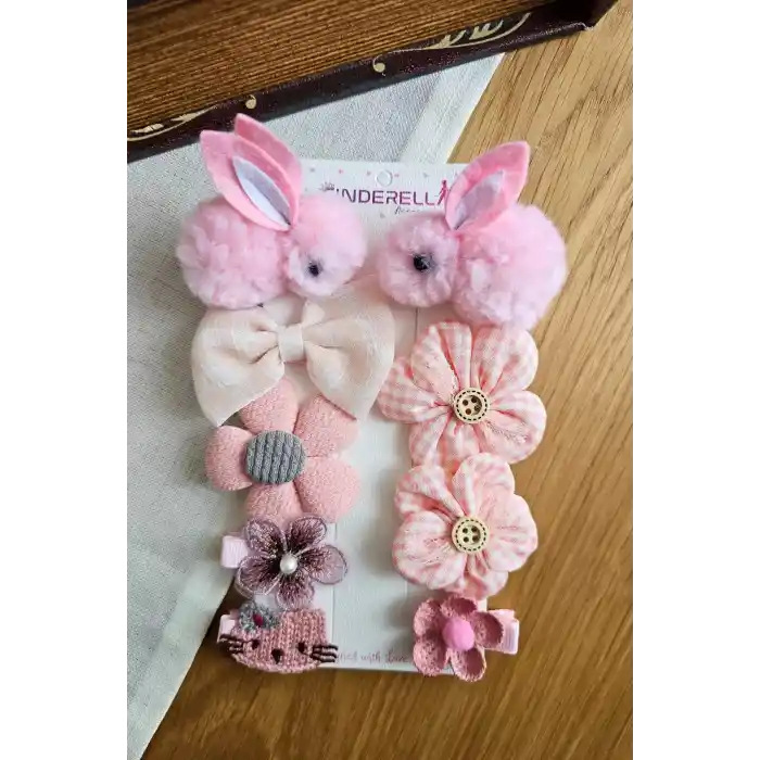 9lu Pembe Tavşanlı Kız Bebek Pens Toka Seti - Fiyonk Kurdele İncili Çiçekli Kız Çocuk Saç Tokası