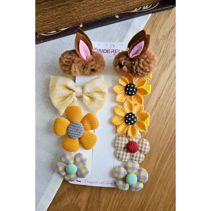 9lu Kahverengi Tavşanlı Astarlı Kız Bebek Pens Toka Seti - Fiyonklu Çiçekli Kız Çocuk Saç Tokası