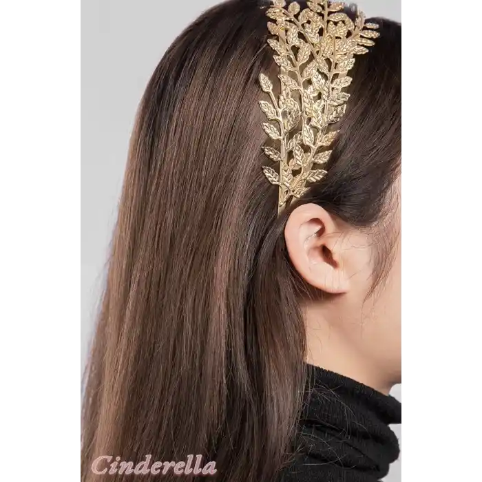 Avrupa Stil Barok Yapraklı Model Kadın Tacı Gold - Zarif ve Şık Taç Saç Bandı Aksesuarı