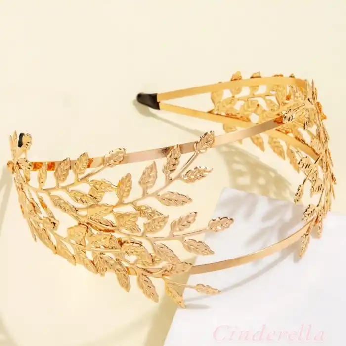 Avrupa Stil Barok Yapraklı Model Kadın Tacı Gold - Zarif ve Şık Taç Saç Bandı Aksesuarı