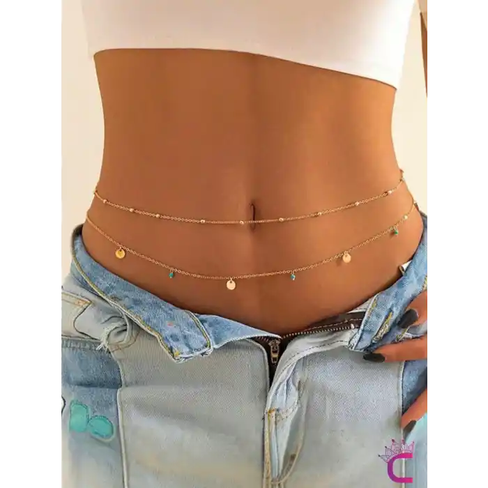 Avrupa Tarzı Modern 2li Kombin Gold Boncuk Taşlı Bel Zinciri - Vücut Bikini Kolyesi Göbek Takısı