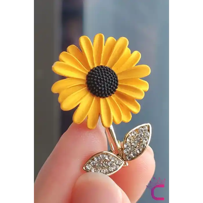 Ayçiçeği Çiçekli Tasarım Zirkon Taşlı Kadın Broş - Hediyelik Elbise Ceket Aksesuar Yaka Iğnesi Broşu
