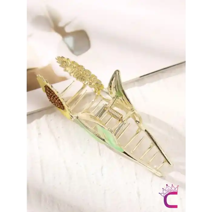 Ayçiçeği Tasarım Büyük Boy Gold Metal Kadın Mandal Toka 11.5cm - Zarif Hediyelik Aksesuar Saç Tokası