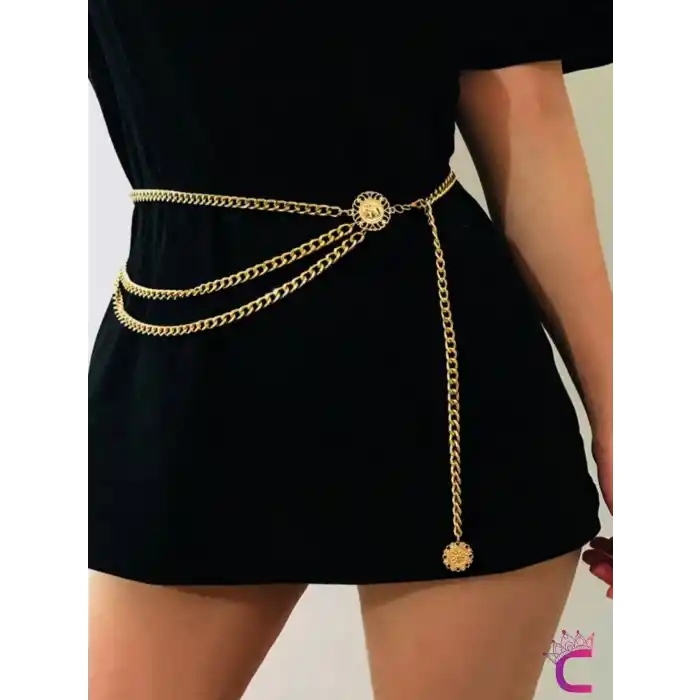 Ayçiçekli İconlu Gold Bel Zinciri - Ayarlanabilir Vücut Elbise Bel Kolyesi Kemeri Göbek Takısı