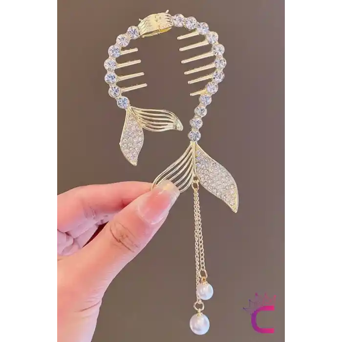 Balık Kuyruğu Tasarım Kristal Taşlı Yaylı Topuz Tokası Metal Gold - Kadın Sallantılı Saç Topuz Toka