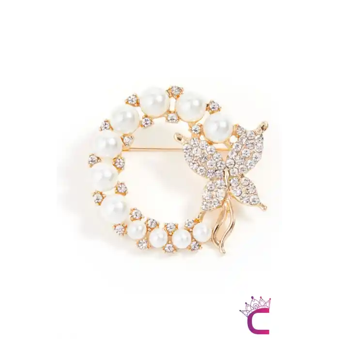 Barok İncili Kristal Taşlı Kelebek Tasarım Kadın Broş - Kelebekli Hediyelik Elbise Yaka İğnesi Broş