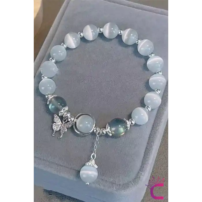 Beyaz Aytaşı Boncuklu Kristal Taşlı Kelebekli Kız Çocuk Bileklik - Hediyelik Takı Bijuteri