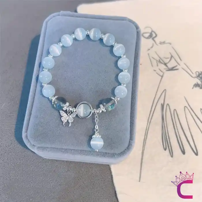 Beyaz Aytaşı Boncuklu Kristal Taşlı Kelebekli Kız Çocuk Bileklik - Hediyelik Takı Bijuteri