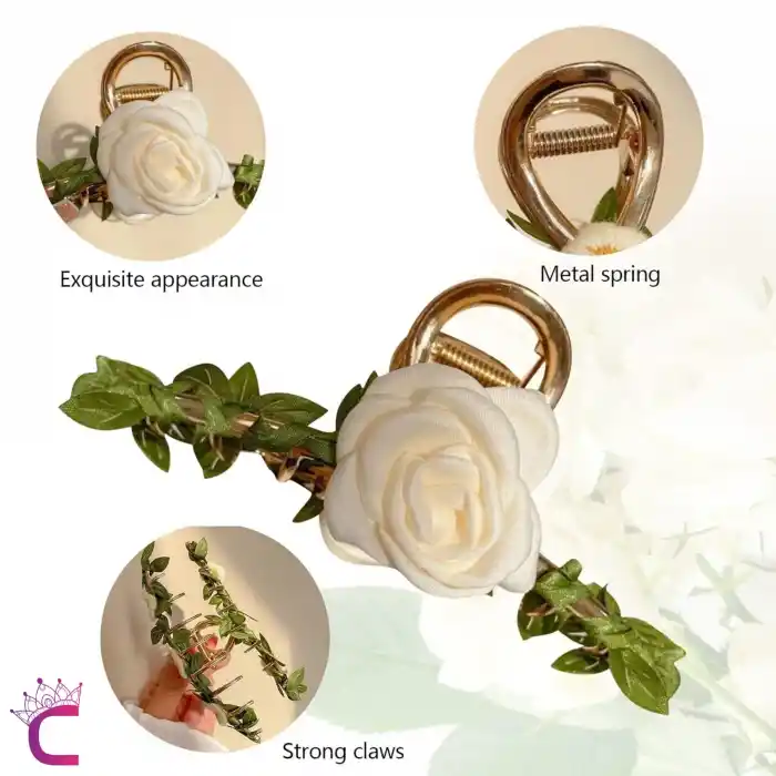 Beyaz Kamelya Çiçekli Sarmaşık Yapraklı Kadın Metal Mandal Toka Gold 11.5cm - Hediyelik Saç Tokası