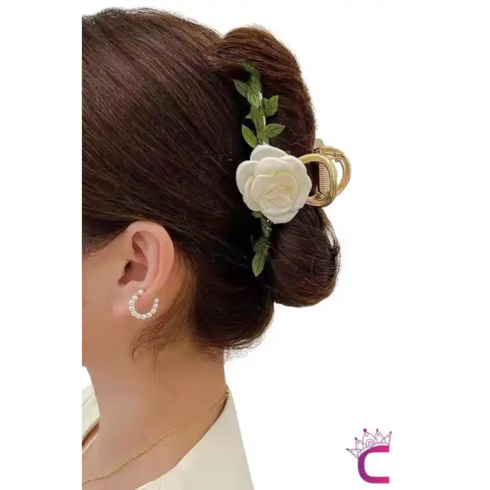 Beyaz Kamelya Çiçekli Sarmaşık Yapraklı Kadın Metal Mandal Toka Gold 11.5cm - Hediyelik Saç Tokası