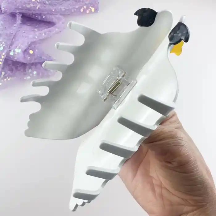 Beyaz Papağan Model Lüks Asetat Kemik Büyük Mandal Toka 13cm - Sıkı Tutan Kalın Gür Topuz Saç Tokası