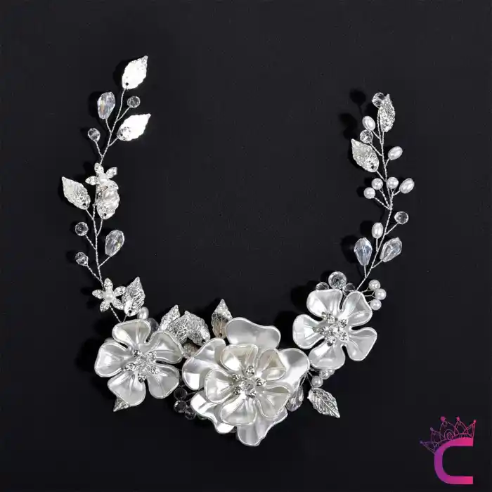 Beyaz Sedef Çiçekli Kristal Taşlı İncili Gelin Tacı Gümüş - Düğün Taç Nişan Nikah Söz Aksesuarı Toka
